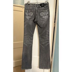 RARE Gray Miss Me Boot Cut Jeans Size 27 Embroidered Fleur De Lis Rhinestones